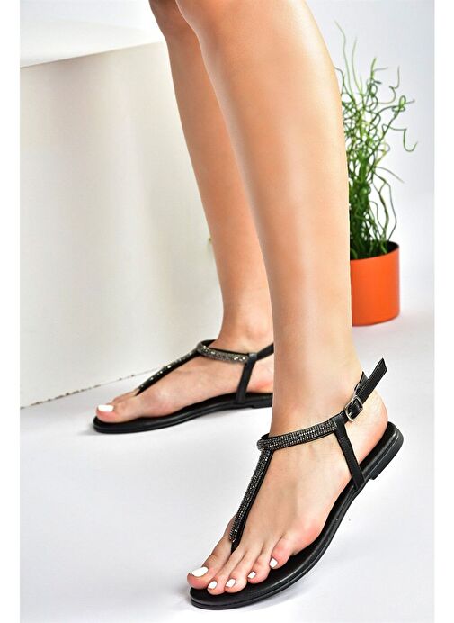 Siyah Taş Detaylı Parmak Arası Sandalet M272025009 - Görsel 2