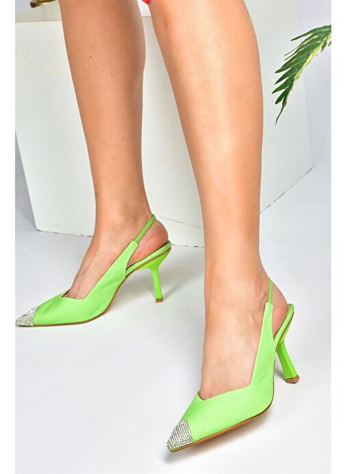 Fıstık Yeşili Saten Kumaş Taş Detaylı Kadın Topuklu Ayakkabı M882027604 - Görsel 5