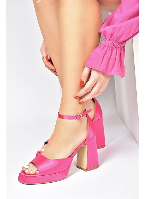 Fuşya Saten Kumaş Kalın Platform Topuklu Kadın Ayakkabı M570020804 - Görsel 6