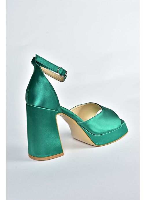 Yeşil Saten Kumaş Kalın Platform Topuklu Kadın Ayakkabı M570020804 - Görsel 9