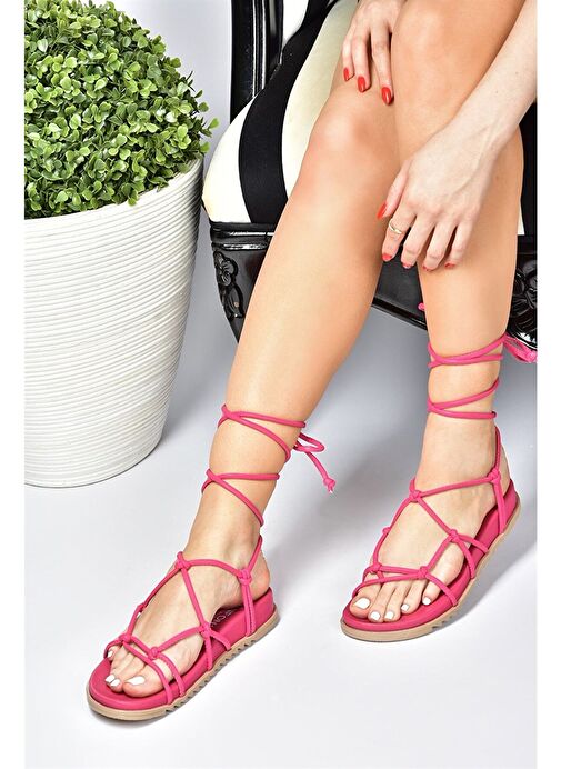 Fuşya Bağlama Detaylı Kadın Sandalet M705143909 - Görsel 5
