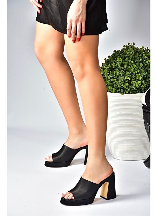 Siyah Saten Kumaş Kalın Topuklu Kadın Terlik M570021204 - Görsel 3