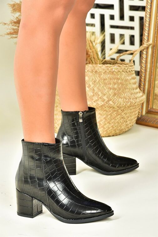 Siyah Kroko Baskı Kalın Topuklu Kadın Bot L251089311 - Görsel 3