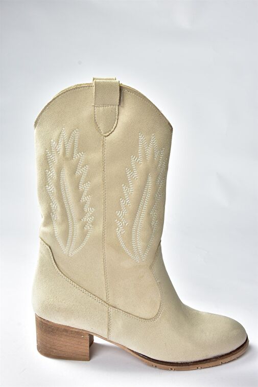 Bej Süet Kısa Topuklu Kadın Bot E267730002 - Görsel 6