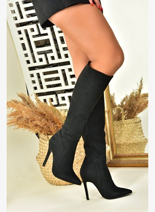 Siyah Süet İnce Topuklu Sivri Burun Kadın Çizme N372530102 - Görsel 4