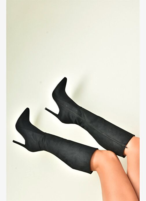 Siyah Süet İnce Topuklu Sivri Burun Kadın Çizme N372530102 - Görsel 2