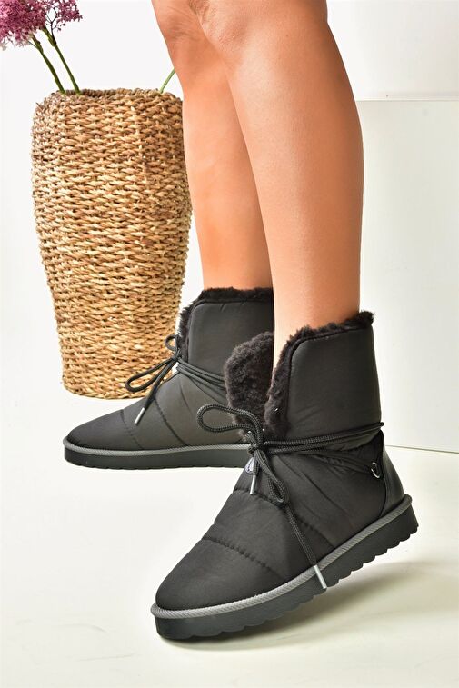 Siyah Kumaş Yakası Kürklü Kadın Bot N973031104 - Görsel 3