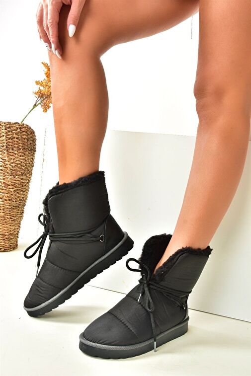 Siyah Kumaş Yakası Kürklü Kadın Bot N973031104 - Görsel 4
