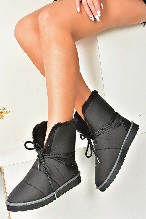 Siyah Kumaş Yakası Kürklü Kadın Bot N973031104 - Görsel 5