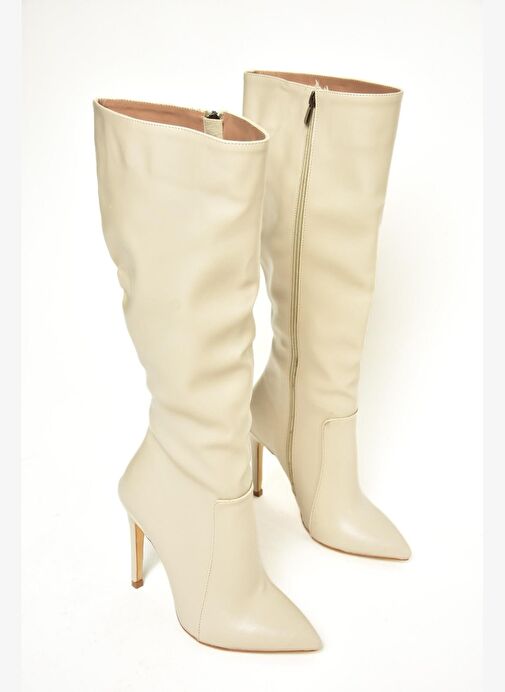 Bej İnce Topuklu Sivri Burun Kadın Çizme N372530109 - Görsel 5