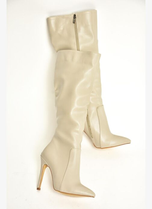 Bej İnce Topuklu Sivri Burun Kadın Çizme N372530109 - Görsel 8