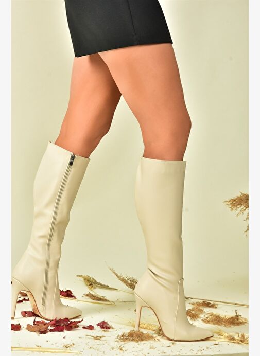 Bej İnce Topuklu Sivri Burun Kadın Çizme N372530109 - Görsel 3