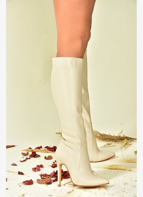 Bej İnce Topuklu Sivri Burun Kadın Çizme N372530109 - Görsel 2