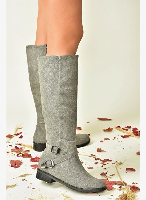 Gri Süet Kısa Topuklu Kadın Çizme E726203402 - Görsel 3