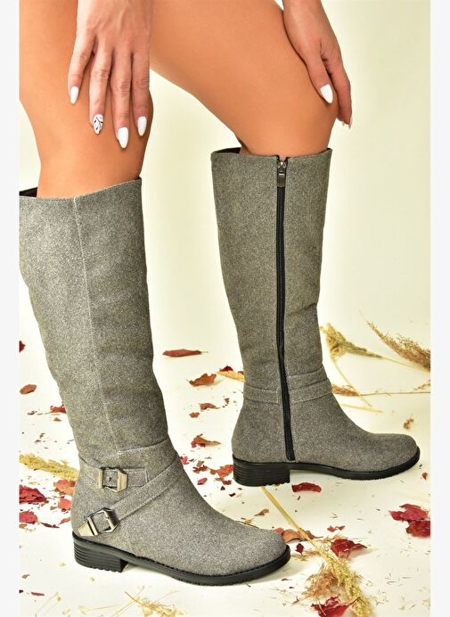 Gri Süet Kısa Topuklu Kadın Çizme E726203402 - Görsel 4