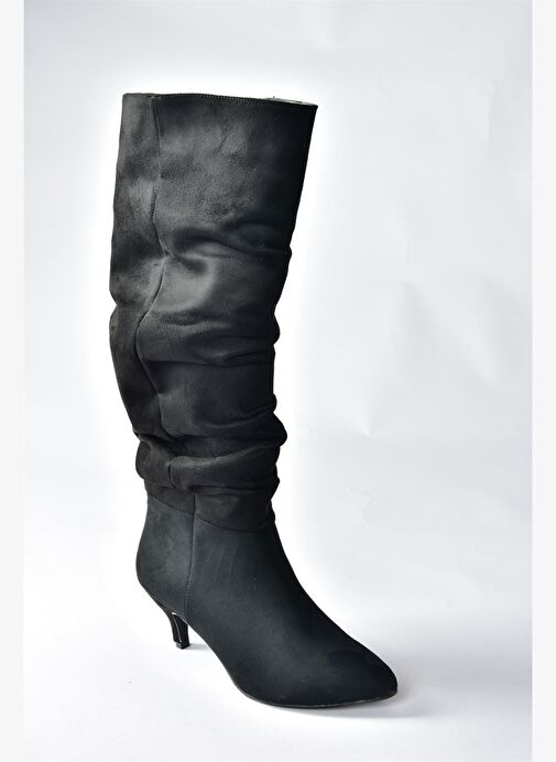 Siyah Süet Alçak Topuklu Büzgülü Kadın Çizme N372665102 - Görsel 6