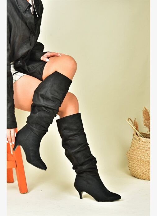 Siyah Süet Alçak Topuklu Büzgülü Kadın Çizme N372665102 - Görsel 3