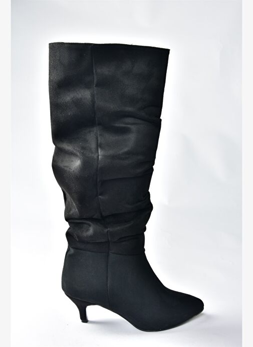 Siyah Süet Alçak Topuklu Büzgülü Kadın Çizme N372665102 - Görsel 5