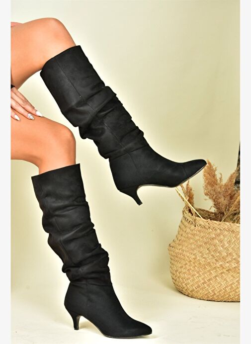 Siyah Süet Alçak Topuklu Büzgülü Kadın Çizme N372665102 - Görsel 2