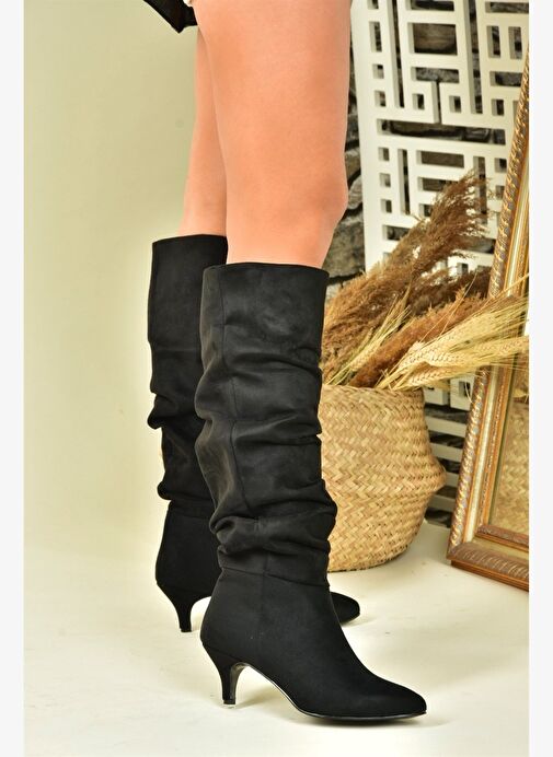 Siyah Süet Alçak Topuklu Büzgülü Kadın Çizme N372665102 - Görsel 4
