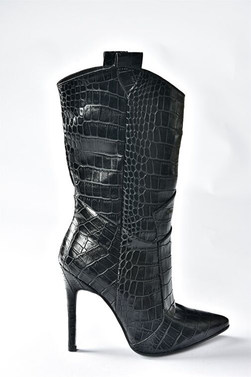 Siyah Kroko Baskı Yüksek İnce Topuklu Kadın Bot N372677511 - Görsel 6