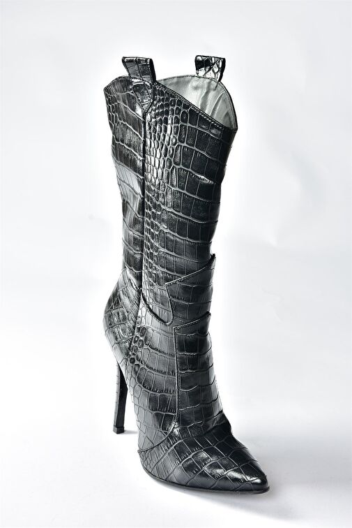 Siyah Kroko Baskı Yüksek İnce Topuklu Kadın Bot N372677511 - Görsel 7