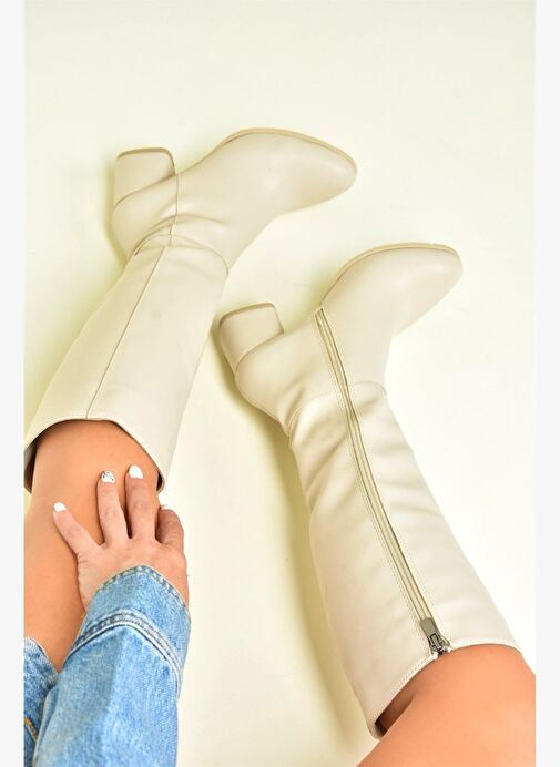 Bej Alçak Topuklu Günlük Kadın Çizme J848300109 - Görsel 4