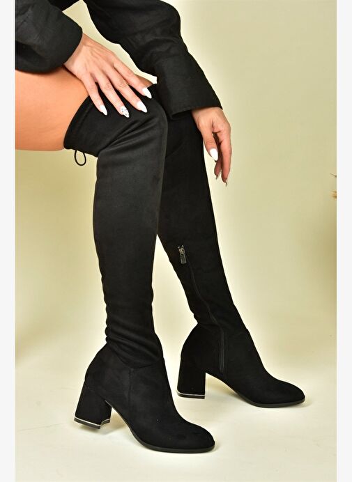 Siyah Süet Streç Kalın Topuklu Kadın Dizüstü Çizme N282920002 - Görsel 5
