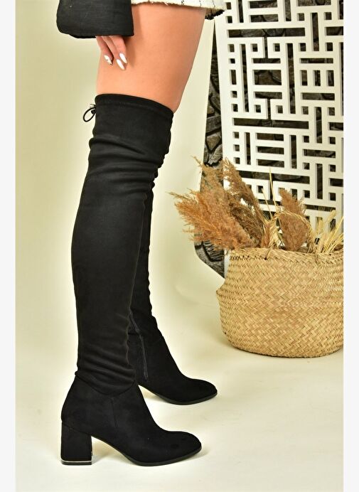 Siyah Süet Streç Kalın Topuklu Kadın Dizüstü Çizme N282920002 - Görsel 2