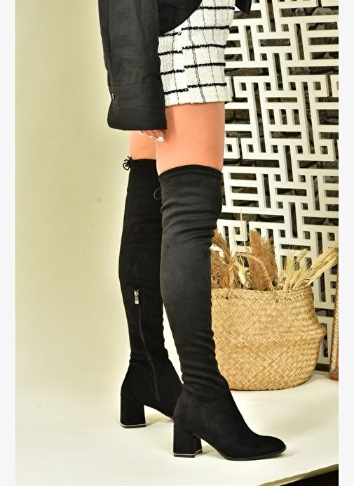 Siyah Süet Streç Kalın Topuklu Kadın Dizüstü Çizme N282920002 - Görsel 3