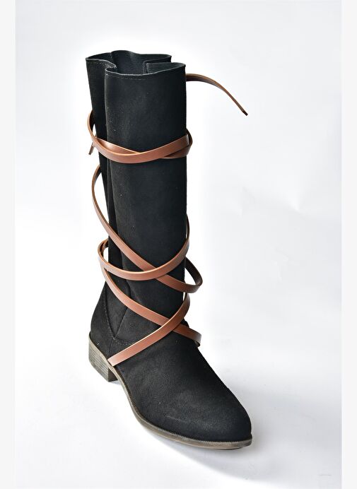 Siyah/Taba Süet Deri Bağlama Detaylı Kadın Çizme N973848002 - Görsel 6