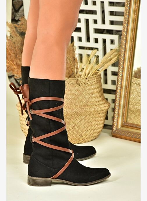 Siyah/Taba Süet Deri Bağlama Detaylı Kadın Çizme N973848002 - Görsel 3
