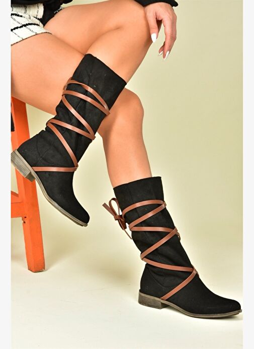 Siyah/Taba Süet Deri Bağlama Detaylı Kadın Çizme N973848002 - Görsel 2