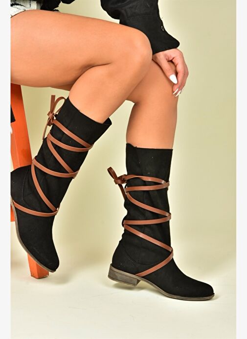 Siyah/Taba Süet Deri Bağlama Detaylı Kadın Çizme N973848002 - Görsel 4