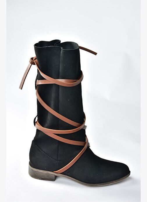 Siyah/Taba Süet Deri Bağlama Detaylı Kadın Çizme N973848002 - Görsel 5
