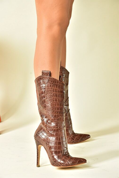 Taba Kroko Baskı Yüksek İnce Topuklu Kadın Bot N372677511 - Görsel 4
