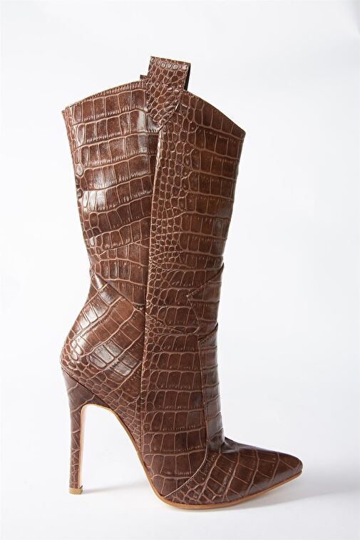 Taba Kroko Baskı Yüksek İnce Topuklu Kadın Bot N372677511 - Görsel 5