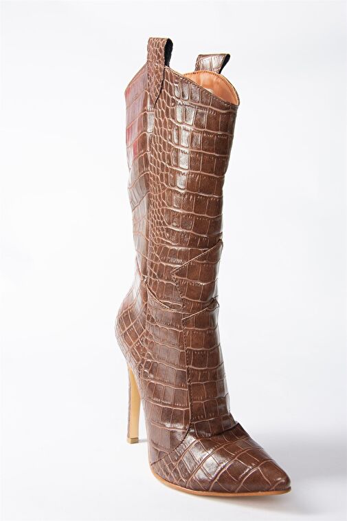 Taba Kroko Baskı Yüksek İnce Topuklu Kadın Bot N372677511 - Görsel 6
