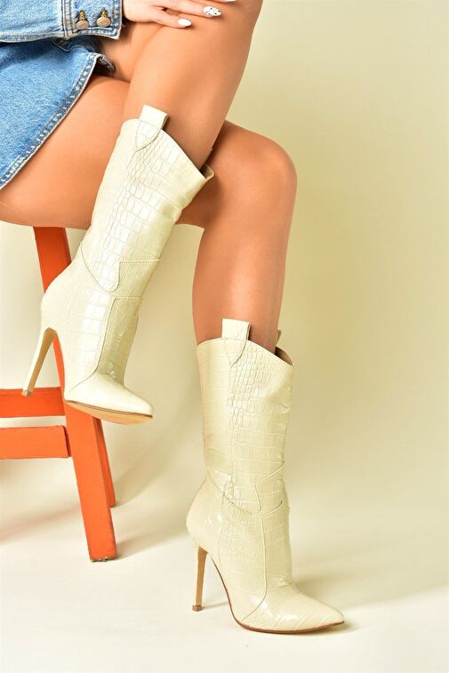 Bej Kroko Baskı Yüksek İnce Topuklu Kadın Bot N372677511 - Görsel 2