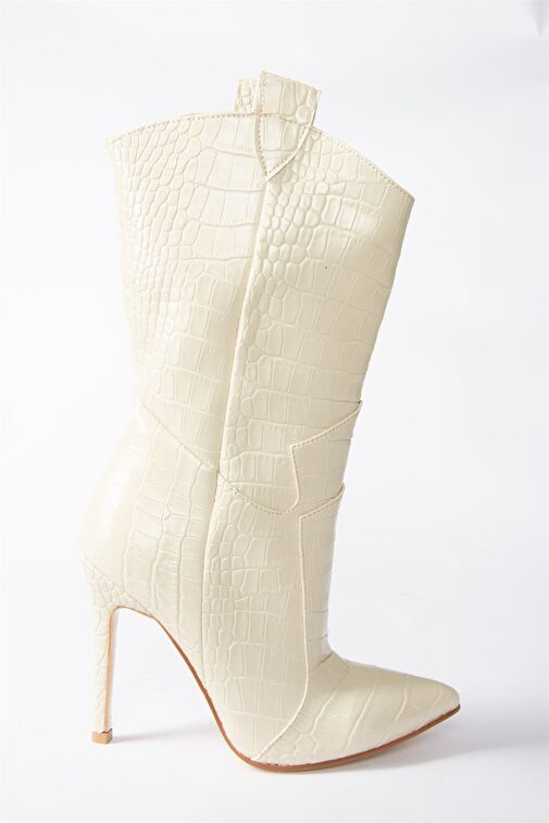 Bej Kroko Baskı Yüksek İnce Topuklu Kadın Bot N372677511 - Görsel 6
