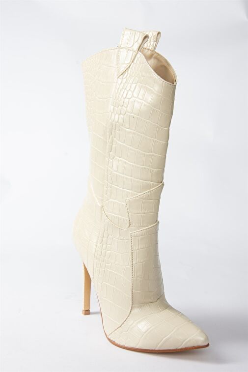 Bej Kroko Baskı Yüksek İnce Topuklu Kadın Bot N372677511 - Görsel 7