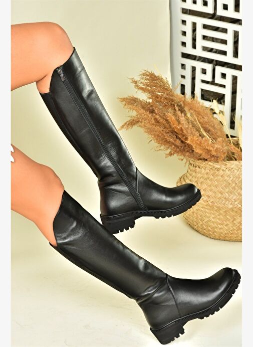 Siyah Hakiki Deri Alçak Topuklu Günlük Kadın Çizme N654032803 - Görsel 4