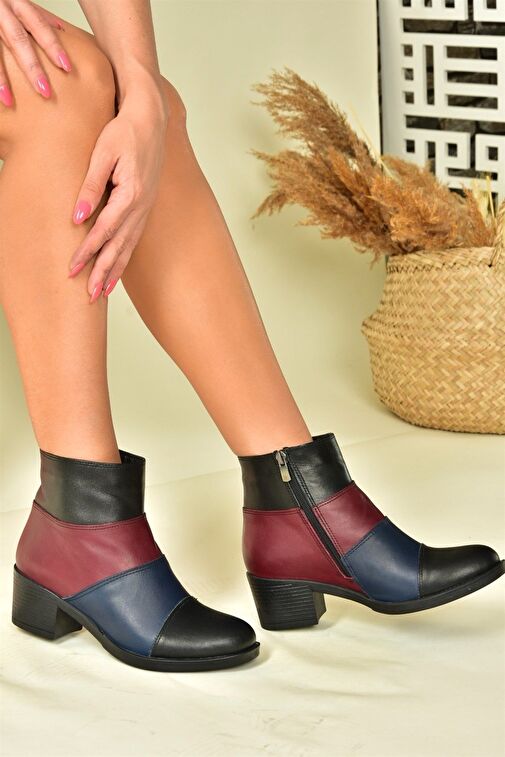 Lacivert/Bordo Hakiki Deri Alçak Topuklu Kadın Bot N555703003 - Görsel 3