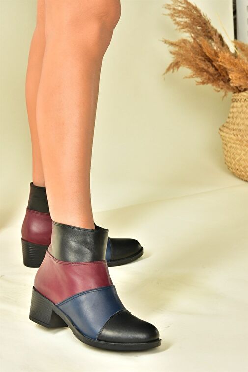 Lacivert/Bordo Hakiki Deri Alçak Topuklu Kadın Bot N555703003 - Görsel 4