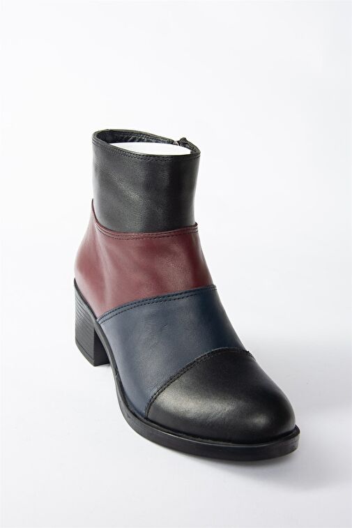 Lacivert/Bordo Hakiki Deri Alçak Topuklu Kadın Bot N555703003 - Görsel 5
