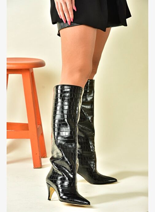 Siyah Kroko Baskı Alçak Topuklu Kadın Çizme N749204011 - Görsel 2