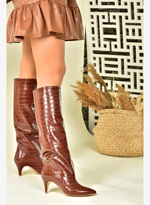 Taba Kroko Baskı Alçak Topuklu Kadın Çizme N749204011 - Görsel 3
