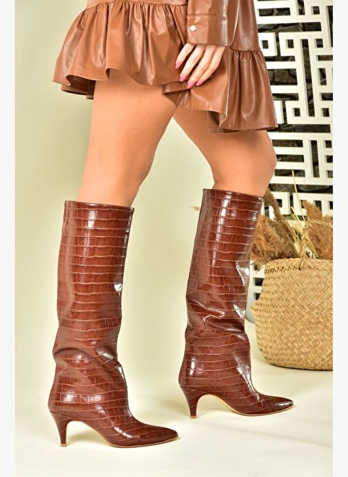 Taba Kroko Baskı Alçak Topuklu Kadın Çizme N749204011 - Görsel 4
