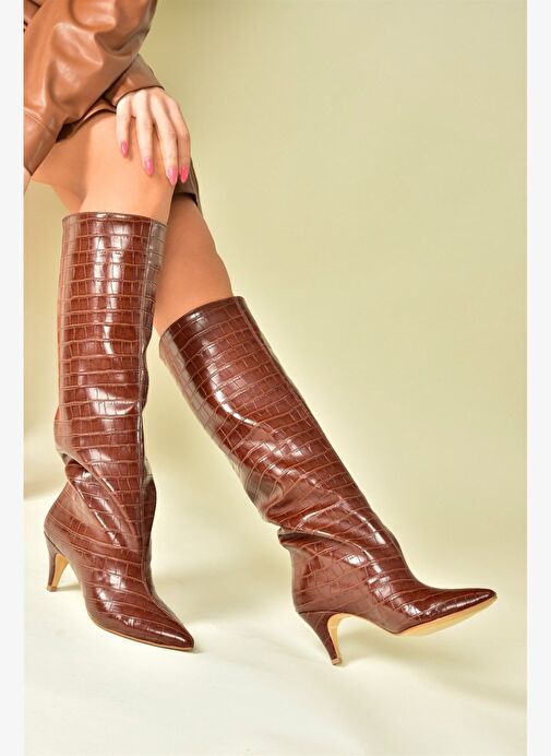 Taba Kroko Baskı Alçak Topuklu Kadın Çizme N749204011 - Görsel 2
