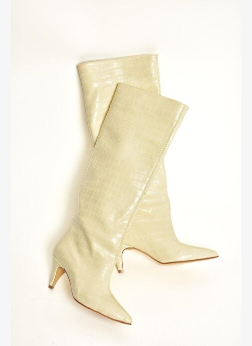 Bej Kroko Baskı Alçak Topuklu Kadın Çizme N749204011 - Görsel 6